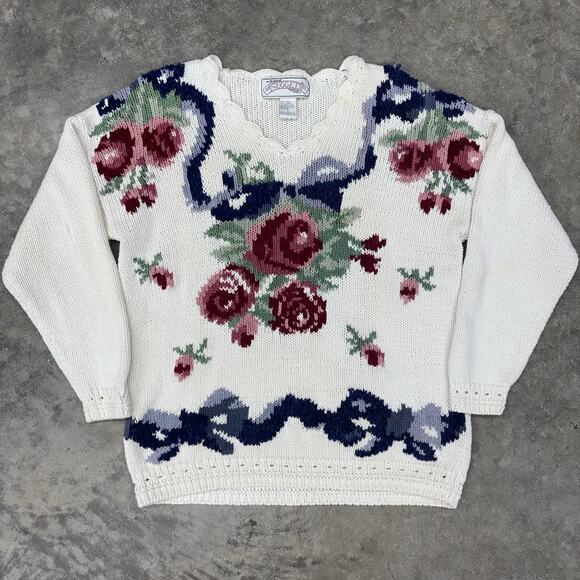 Vintage Nuggets Ramie Cotton Blend Floral Cottagecore V Neck Pullover Sweater L - Picture 1 of 8